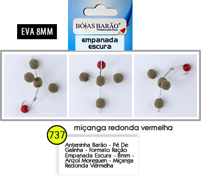ANTENINHA BARÃO - PÉ DE GALINHA - FORMATO RAÇÃO EMPANADA ESCURA - 8MM - ANZOL MOREGUEN - MIÇANGA REDONDA VERMELHA