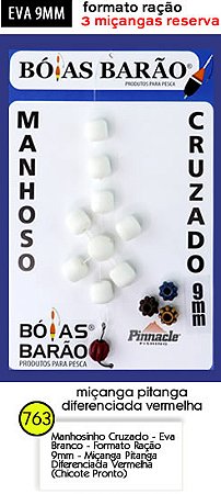 MANHOSINHO CRUZADO - EVA BRANCO - FORMATO RAÇÃO -  9MM - COM 4 MIÇANGAS PITANGA (CHICOTE PRONTO)