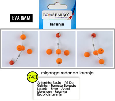 ANTENINHA BARÃO - PÉ DE GALINHA - FORMATO BOLEADO - LARANJA - 8MM - ANZOL MOREGUEN - MIÇANGA REDONDA LARANJA