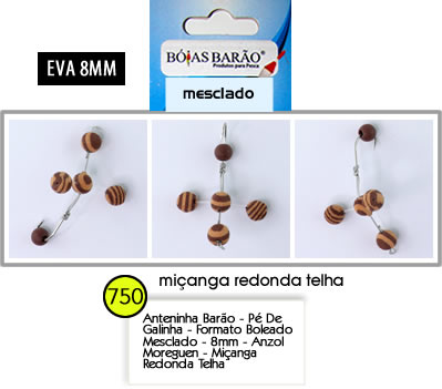 ANTENINHA BARÃO - PÉ DE GALINHA - FORMATO BOLEADO - MESCLADO - 8MM - ANZOL MOREGUEN - MIÇANGA REDONDA TELHA