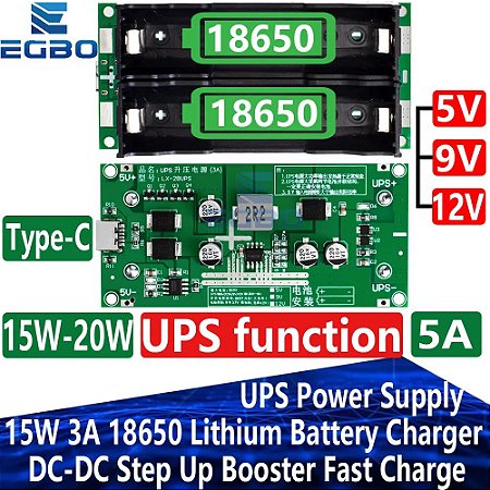 Módulo Carregador de Bateria de Lítio, Tipo-C, 15W, 3A, 18650, Step Up Booster, Carregamento Rápido, UPS, Fonte de Alimentação, Conversor, 5V, 9V, 12V