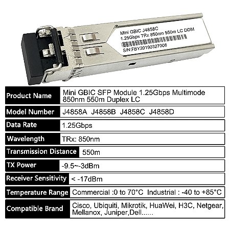 Compatível com hp transceptor sfp j4858c/j4858d, mini-gbic-sx, 1g, sfp, lc, 850nm, 500m, para interruptor/roteador aruba/hp
