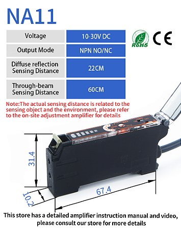 mplificador de sensor de fibra óptica gtric, alta precisão, 10-30v dc, 3 fios, npn, pnp, na11, display digital, interruptor fotoelétrico óptico