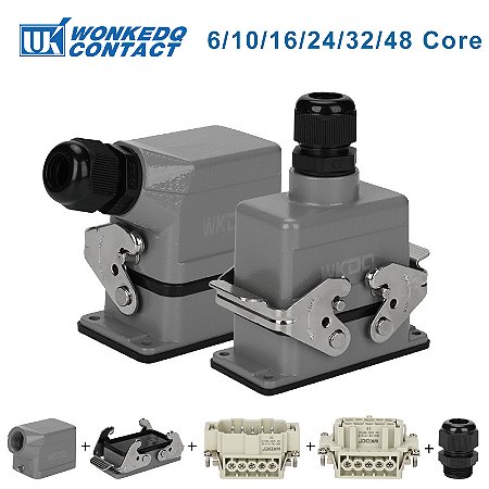 Conector de fiação elétrica impermeável, Conector resistente, Top, Side Outlet, Aviação Plug, Retangular, HDC HE, 6 Core, 10 Pin, 16 Pin, 24 Core, 32 Core, 48 Core