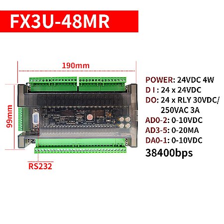 Controlador Lógico Programável PLC FX3U-48MR/MT – 24 Entradas, 24 Saídas, RS232/RS485, 38400bps, 6AD 2DA