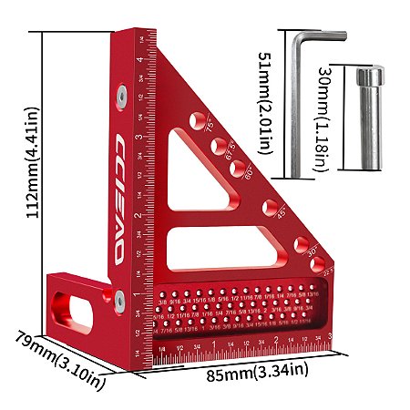 Régua de Medição Multiângulo 3D – Transferidor Quadrado 45°/90° em Alumínio, Sistema Imperial, Ideal para Carpintaria e Engenharia