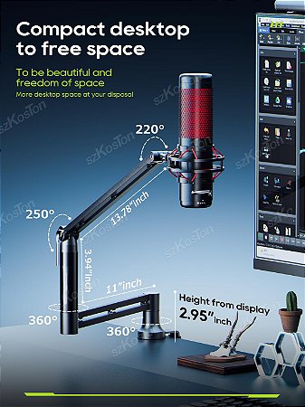Braço de Microfone Ajustável de Baixo Perfil – Suporte com Extensor, Gerenciamento de Cabos, Ideal para Streaming e Jogos, Compatível com AM8, K688, A8