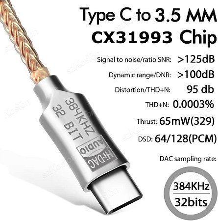 Adaptador HiFi USB Tipo-C para P2 (3,5mm) CX31993 – DAC Amplificador de Fone com Decodificador de Áudio 32bit/384kHz para Celulares e IEMs
