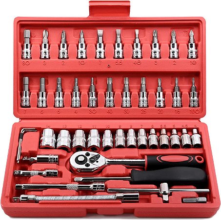 FOCSE Jogo de Chave Catraca 1/4" com 46 Peças – Soquetes, Bits e Extensor, Métrico, Ideal para Reparo Automotivo