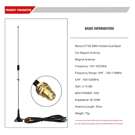 Antena de Carro UT-106UV c/ Base Magnética – SMA-F, VHF/UHF, Banda Dupla p/ Baofeng UV-5R, UV-82, GT-3TP, GT-5, Rádio Amador