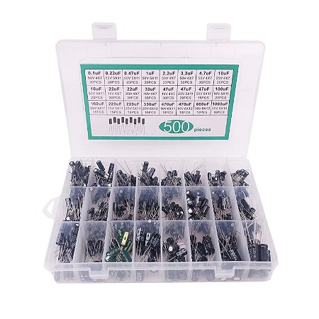 Kit com 500 Capacitores Eletrolíticos Sortidos – 24 Valores de 0,1µF a 1000µF, 10V a 50V, DIP