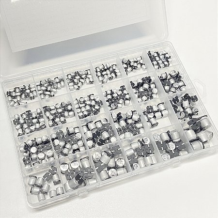 Kit com 400 Capacitores Eletrolíticos de Alumínio SMD – 24 Valores, 1µF a 1000µF, 6,3V a 50V, Com Caixa Organizadora