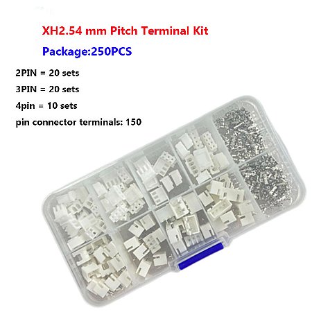 Kit de Conectores JST XH 2.54mm – 250 Peças, 2P/3P/4P, Terminal, Habitação e Pino para Fios
