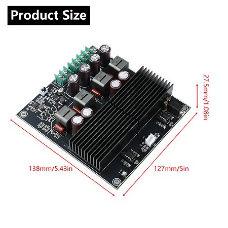 Placa Amplificadora Estéreo TPA3255 – 600W+600W Classe D, DC 19–50V, 2 Canais, 20Hz–30kHz