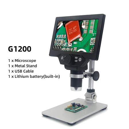 Microscópio Digital G1200 7" HD 12MP com Zoom 1200x e Suporte Ajustável – Bateria Embutida