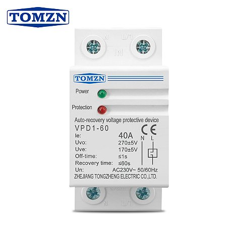 Relé de Proteção 40A 230V com Reconexão Automática para Sobretensão e Subtensão em Trilho DIN