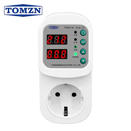 Protetor de Tensão Reclosável TOMZN TOSVA-16 16A Tomada AC 110–220V com Ajuste de Sobretensão e Subtensão