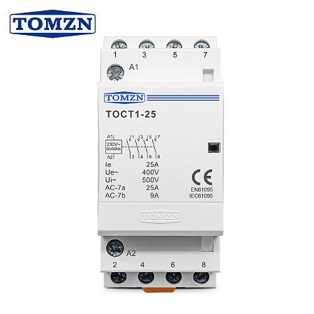 Contator Modular TOCT1 4P 25A 220V DIN 4NO para Automação Residencial AC 50/60Hz
