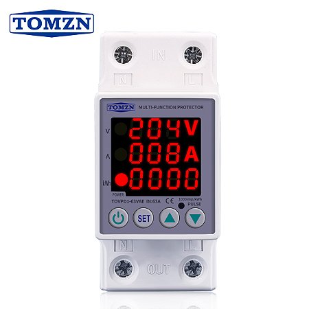 Relé Protetor 3 em 1 63A 230V com Display para Trilho DIN – Ajustável com Proteção de Sobretensão, Subtensão e Sobrecorrente