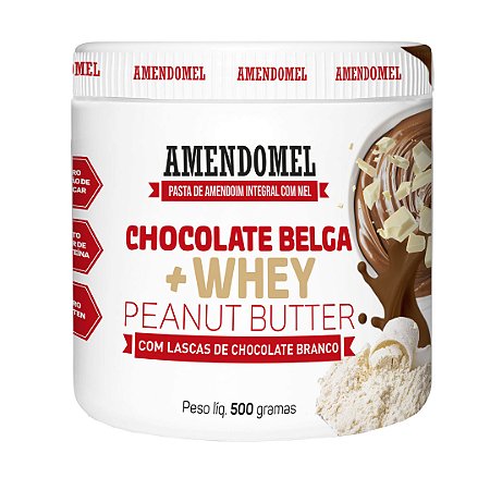Pasta de Amendoim Amendomel Chocolate Belga + Whey com Lascas de Chocolate Branco