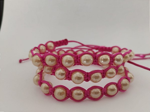 Pulseira Macramê Rosa com Pérolas