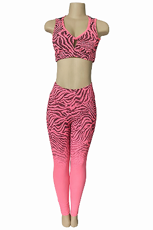 Conjunto Fitness Feminino Zebra Rosa – 3 Peças (Top + Calça + Shorts)