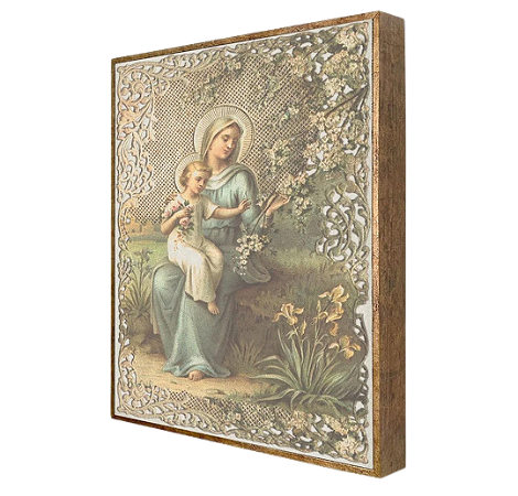 Quadro em linho misto Nossa Senhora e menino Jesus