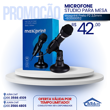 Microfone Studio Para Mesa Maxprint Preto P2 3,5mm -60000052