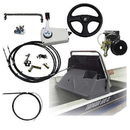 Kit lancha Yamaha 15 HP barco 5/6 m - Painel c/ base + Para-brisa com protetor + sist. direção completo + comando latera