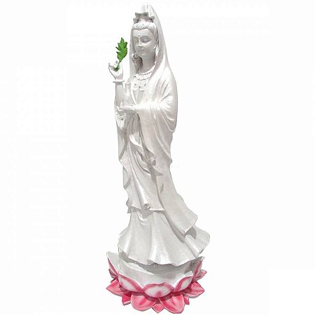 Estátua Kuan Yin na Flor de Lótus G 37cm - Branco Pérola