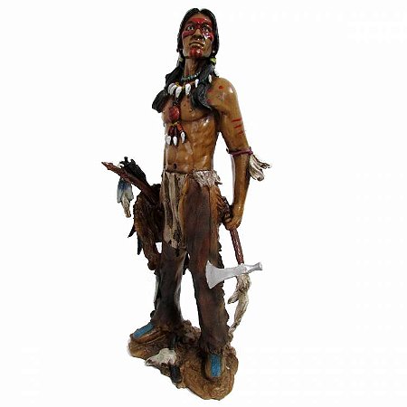Estátua Índio Norte-Americano em Pé com Machado e Escudo 48cm