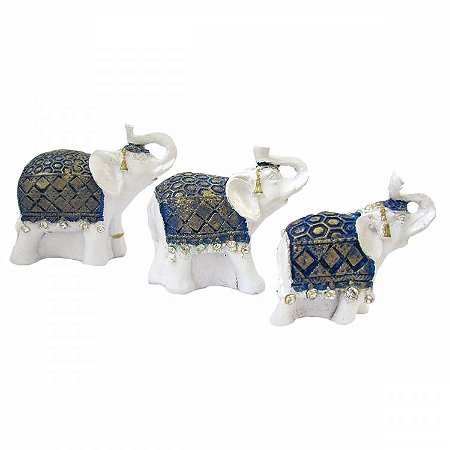 Trio de Elefantes Indianos com Cristais 8,5cm 6,5cm 4,5cm - Branco