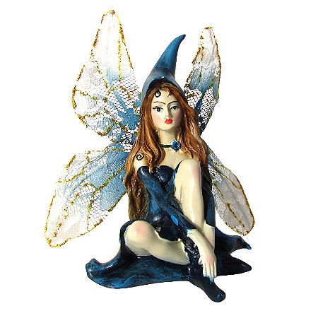 Estátua Fada Sentada com Chapéu 11cm - Azul