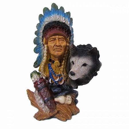 Estátua Busto Índio com Cocar e Cabeça de Lobo 24cm