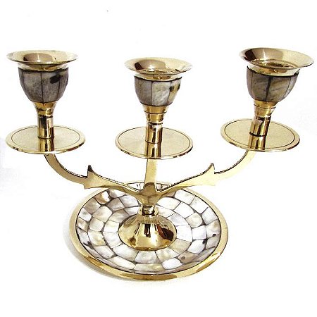 Castiçal Para 3 Velas em Bronze e Madrepérolas 15cm - Candelabro