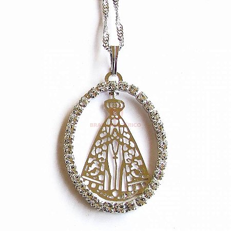 Colar Gargantilha Pingente Nossa Senhora Aparecida com Strass - Prateado