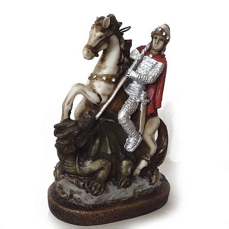 Estátua São Jorge com Cristais Derrotando o Dragão 15cm - Resina