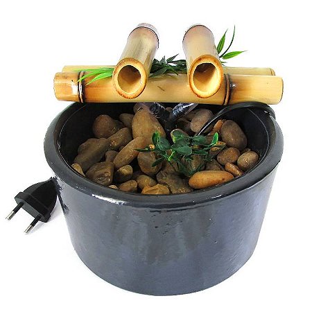 Fonte de Água em Cerâmica e Bambu Redonda 2 Quedas 18cm - Preto