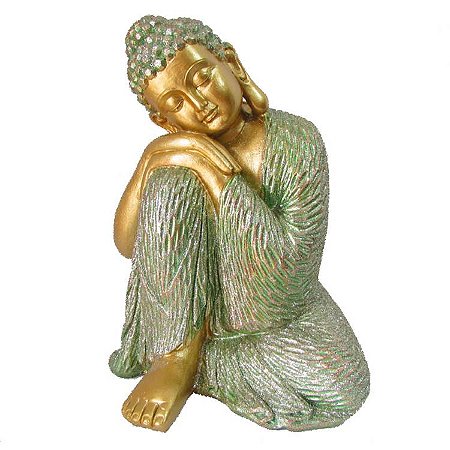 Estátua Buda em Repouso 21cm - Dourado Veste Verde