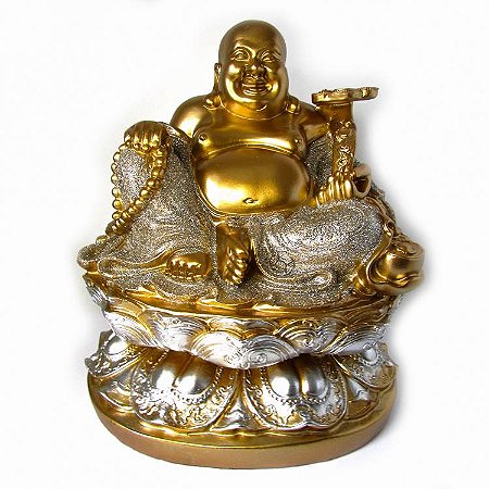Estátua Buda da Alegria Sentado 25cm - Dourado Brilhante