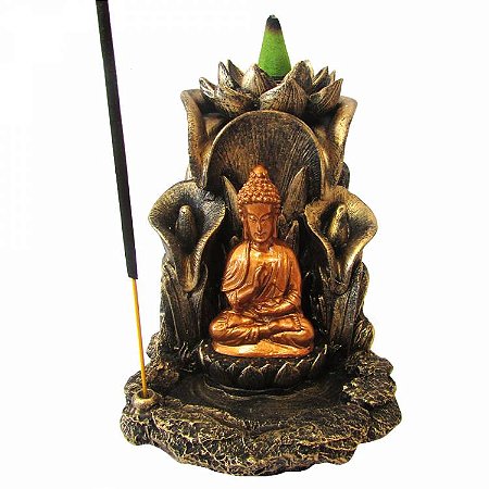 Incensário Buda C/ Flor de Lótus 12cm - Cascata e Vareta