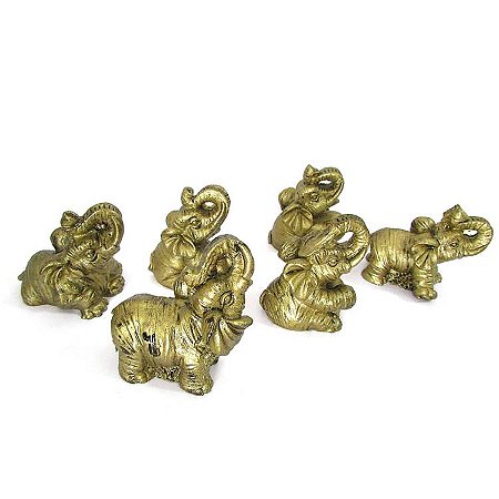 Jogo com 6 Mini Elefantes Dourados 5cm