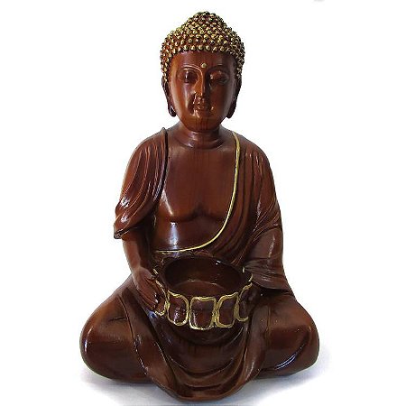 Estátua Buda em Resina com Efeito Madeira 23cm