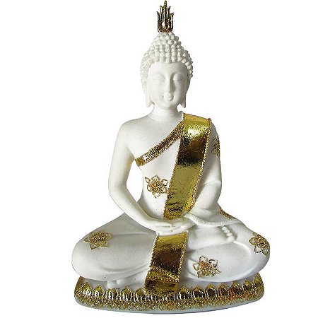 Estátua Buda Tibetano Branco com Dourado 21cm