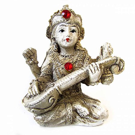 Estátua Saraswati Deusa do Conhecimento Tocando Sitar 7cm - Bege