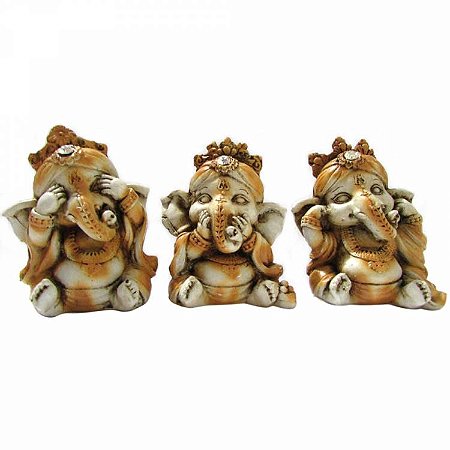 Trio de Ganesha Nada Vejo, Nada Falo, Nada Ouço 8cm - Bege