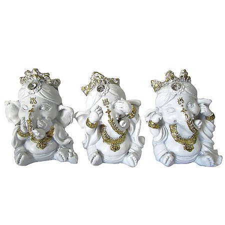 Trio de Ganesha Nada Vejo, Nada Falo, Nada Ouço 8cm - Branco