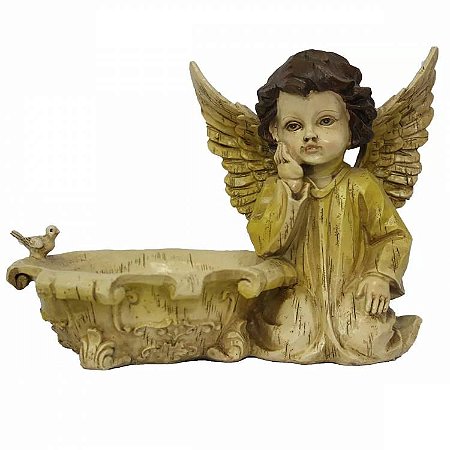 Estátua Anjo Ajoelhado com Comedouro e Pássaro 24cm
