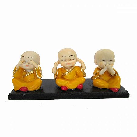 Trio de Budas na Base 15cm - Nada Vejo, Falo, Ouço - Amarelo