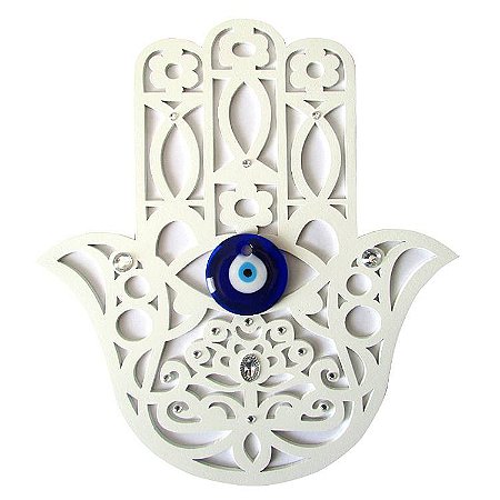 Mão Hamsa com Olho Grego de Parede em MDF 23cm - Branco